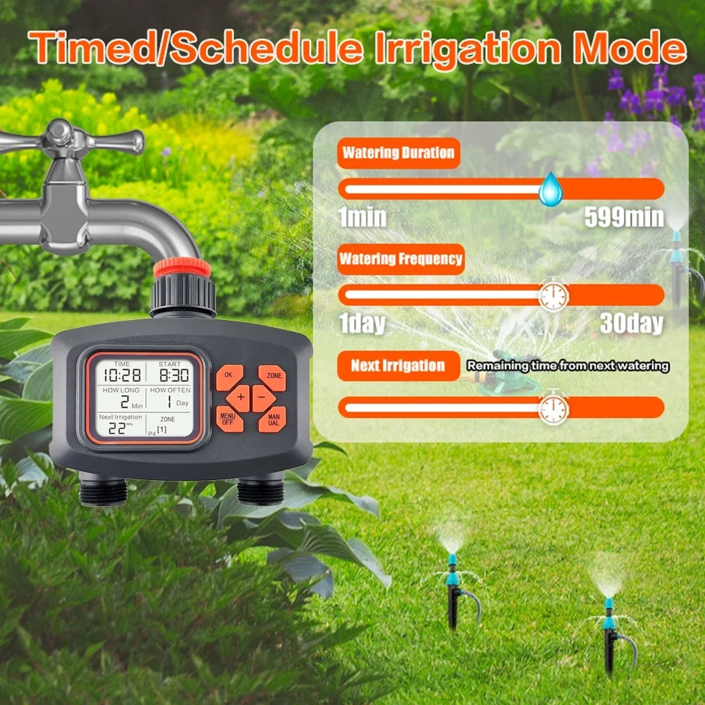 moisture Timer for Garden Hose Smart Sprinkler Timer 2 Outlets Large LCD Screen Programmable Irrigation Timer for Yard Lawn Automatic/Manual Watering Timer