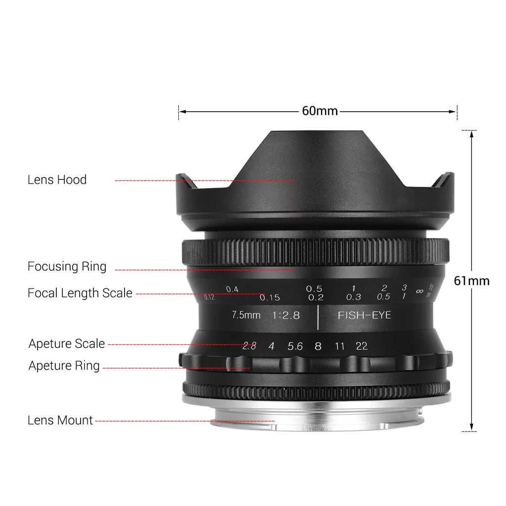 Andoer Camera lens,Fisheye Lens 180° Wide Aperture Lens matching With Wide Aperture E-mount Camera A6600 A6100 With Aps-c Frame Camera A6600 7.5mm F2.8 Manual A6500 A6300 A6000 Lens 180° Wide