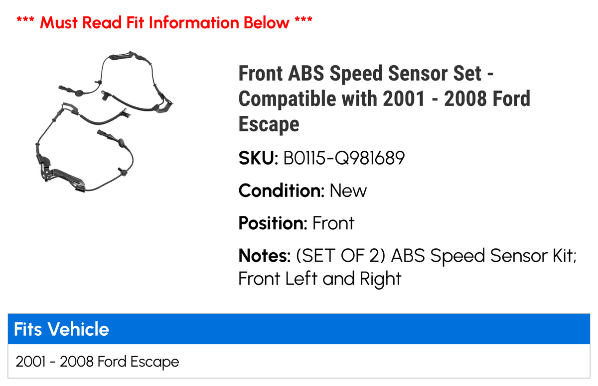 Front ABS Speed Sensor Set - matching with 2001 - 2008  Escape 2002 2003 2004 2005 2006 2007