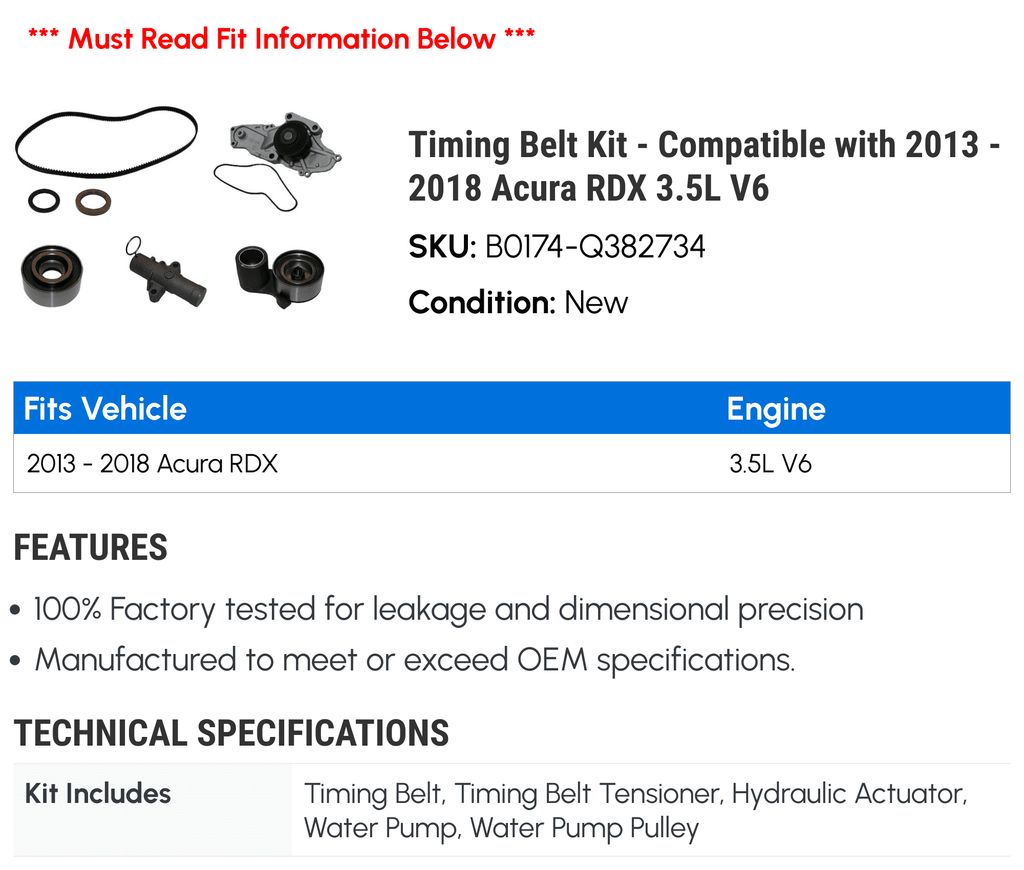 Timing Belt Kit - suitable with 2013 - 2018 Acura RDX 3.5L V6 2014 2015 2016 2017
