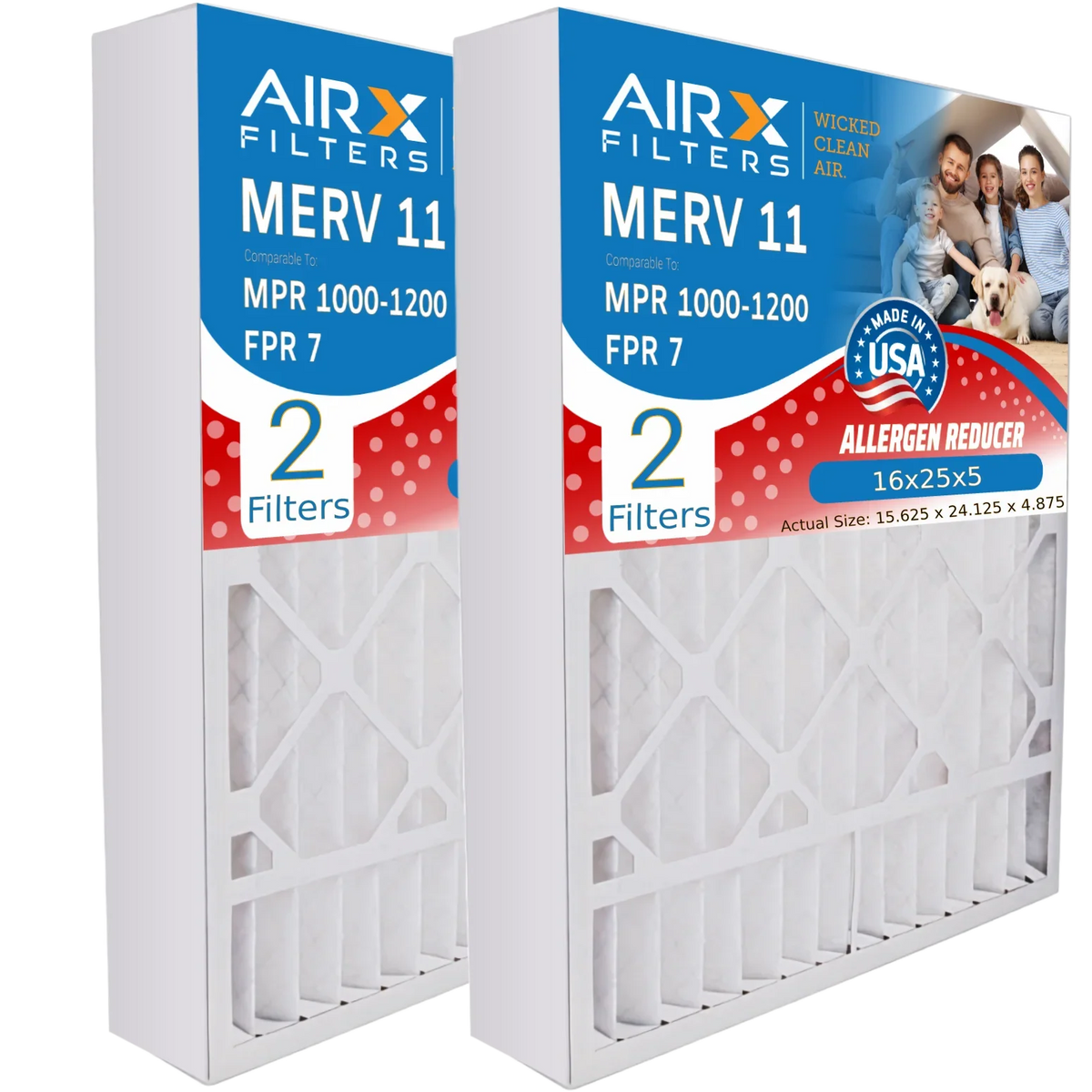 16x25x5 Air Filter MERV 11 Comparable to MPR 1000, MPR 1200 & FPR 7 suitable with GeneralAire 14161 Premium USA Made 16x25x5 Furnace Filter 2 Pack by AIRX FILTERS WICKED CLEAN AIR.