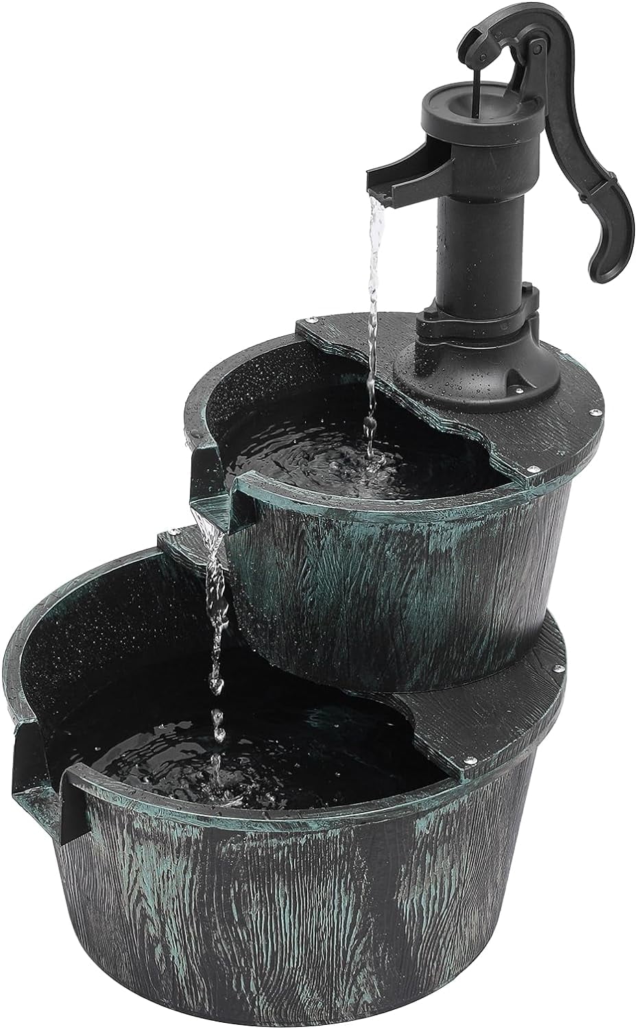 2-Tier Outdoor aqua Fountain Freestanding Rustic Cascading Waterfall Fountain With Electric Pump For Garden Patio Backyard Porch Decor, Teal Blue