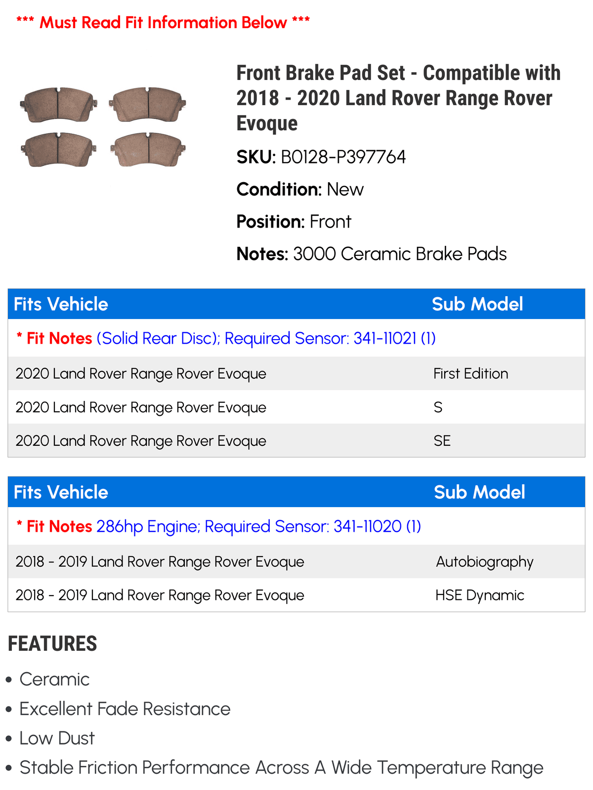 Front Brake Pad Set - appropriate with 2018 - 2020 Land Rover Range Rover Evoque 2019
