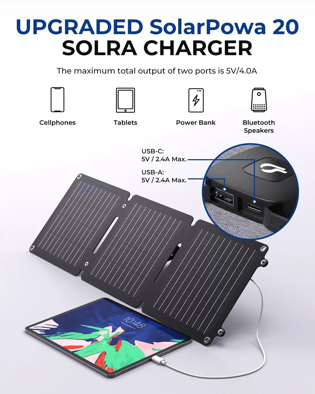 BigBlue 20W ETFE Solar Charger (5V/4A Max) with Kickstand, SolarPowa 20 Portable Solar Panel Charger with USB-A and USB-C, IP65 Waterproof, suitable with iPhone, iPad, ,  etc.