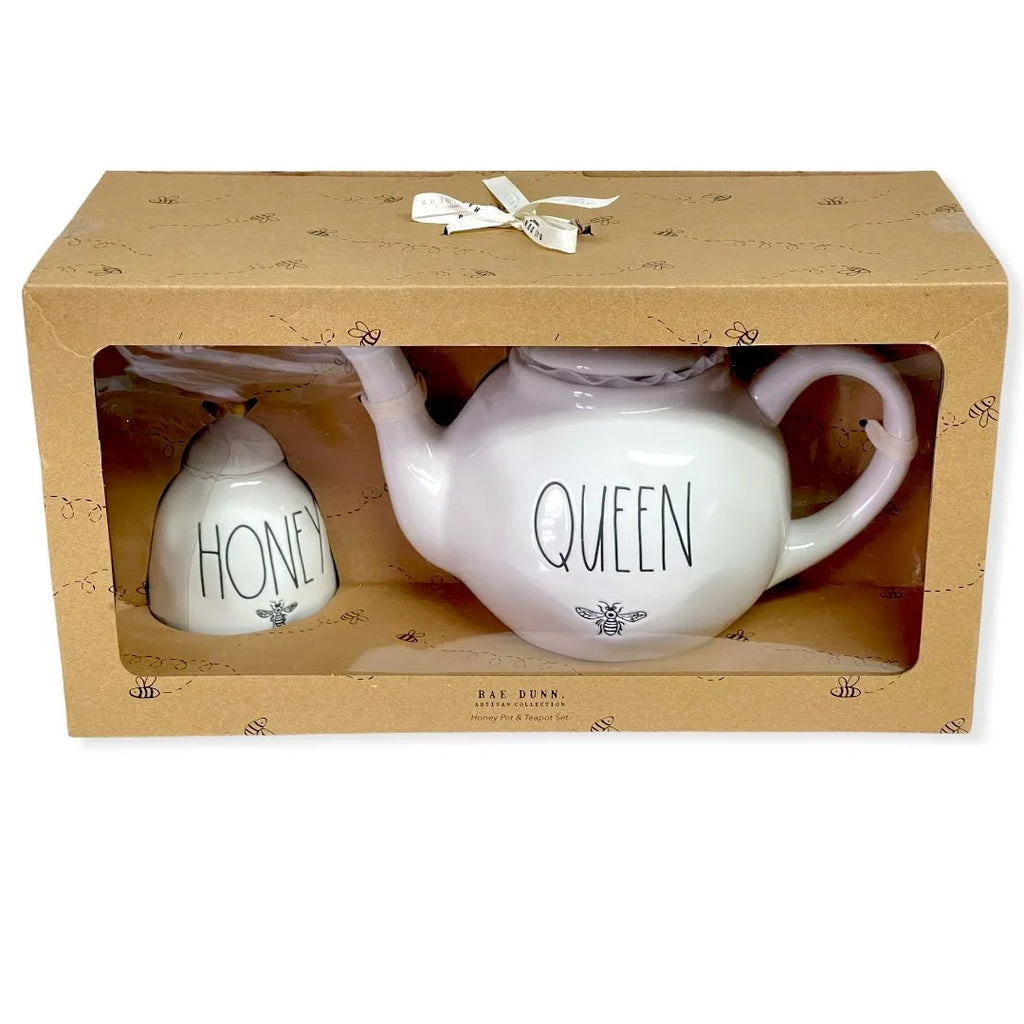 Rae Dunn By Magenta Queen Teapot 59.2 oz and Honey Pot Jar 11.5 oz Gift Set