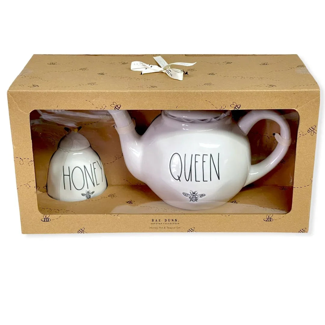 Rae Dunn By Magenta Queen Teapot 59.2 oz and Honey Pot Jar 11.5 oz Gift Set