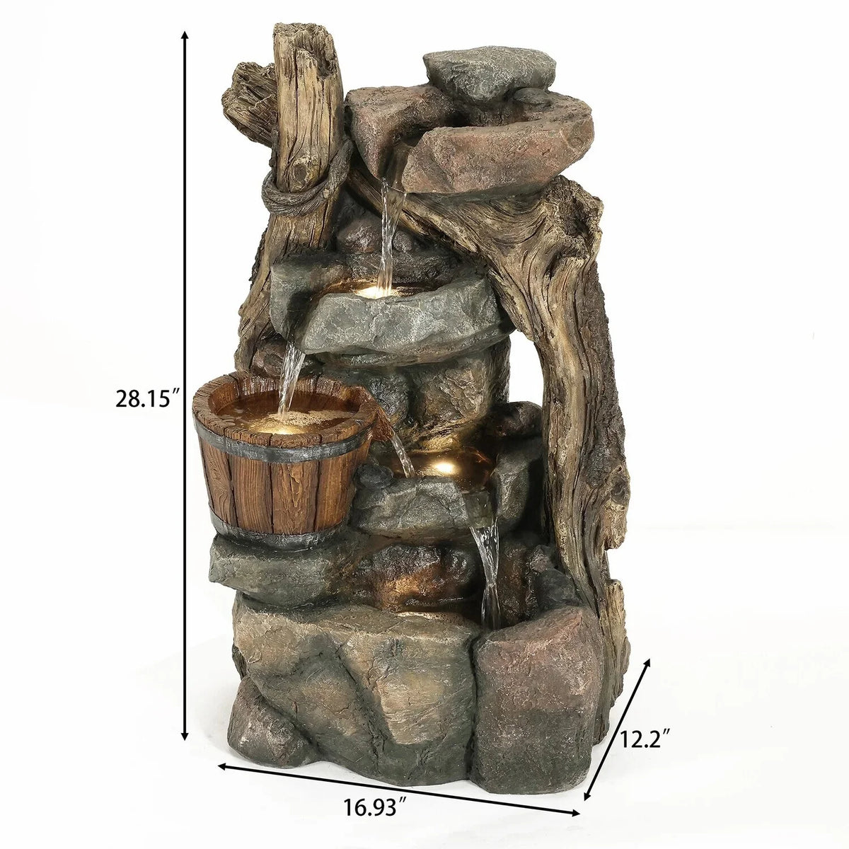 HomeStock Naturally Nice Resin Stacked Rock Wall And Barrel Outdoor Fountain With Led Lights