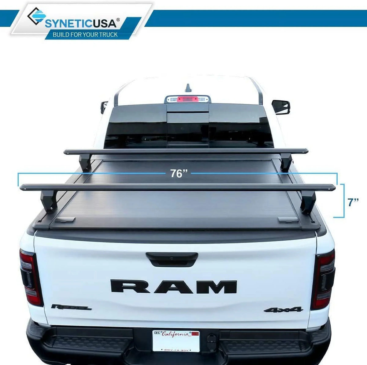 Syneticusa Retractable Hard Tonneau protector with Cross Bars Fits 2019-2022 Ram 1500 5'7" (67.4”) Bed Matte Black Aluminum Low Profile Waterproof Off Road