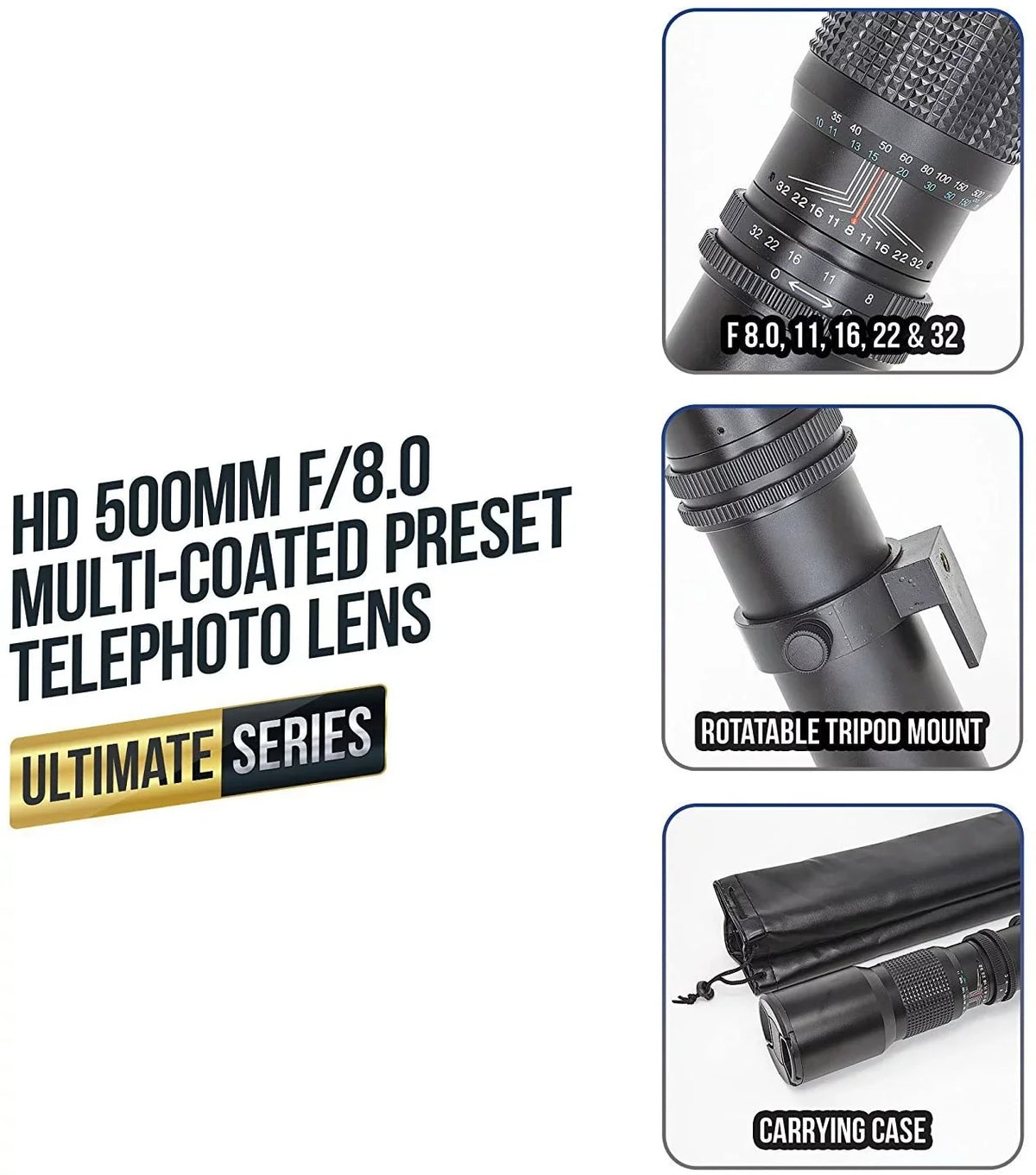 Ultimaxx 500mm f/8 Multi-Coated Preset Telephoto Lens Includes T-Mount Adapter for  EF Mount & Microfiber Cleaning Cloth - appropriate with SLR/DSLR Cameras