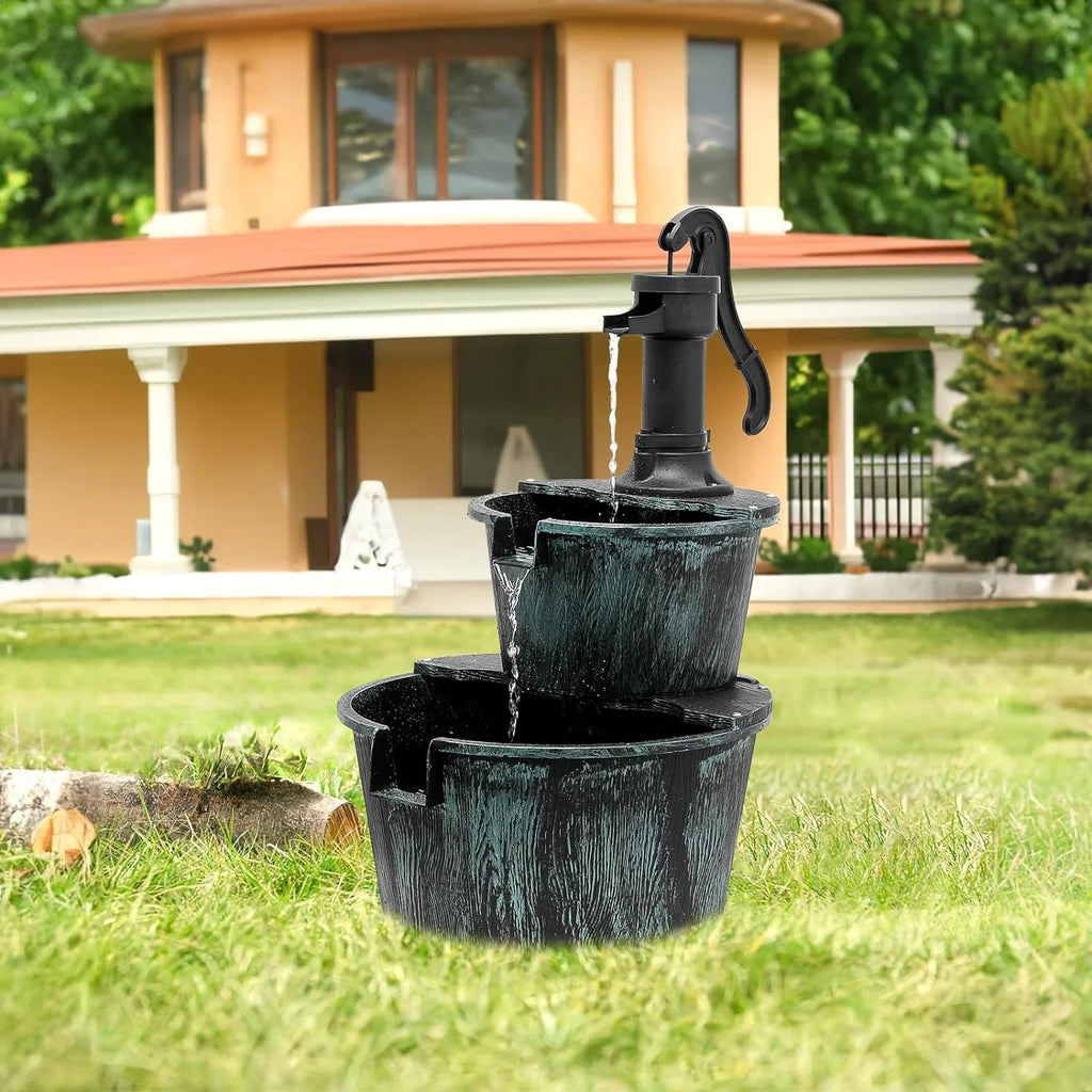 2-Tier Outdoor aqua Fountain Freestanding Rustic Cascading Waterfall Fountain With Electric Pump For Garden Patio Backyard Porch Decor, Teal Blue