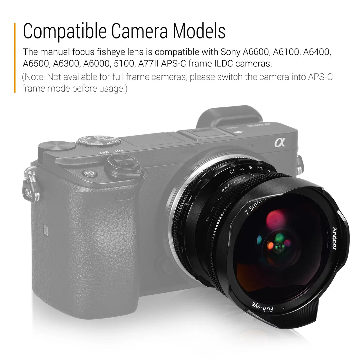 Andoer Camera lens,Fisheye Lens 180° Wide Aperture Lens matching With Wide Aperture E-mount Camera A6600 A6100 With Aps-c Frame Camera A6600 7.5mm F2.8 Manual A6500 A6300 A6000 Lens 180° Wide