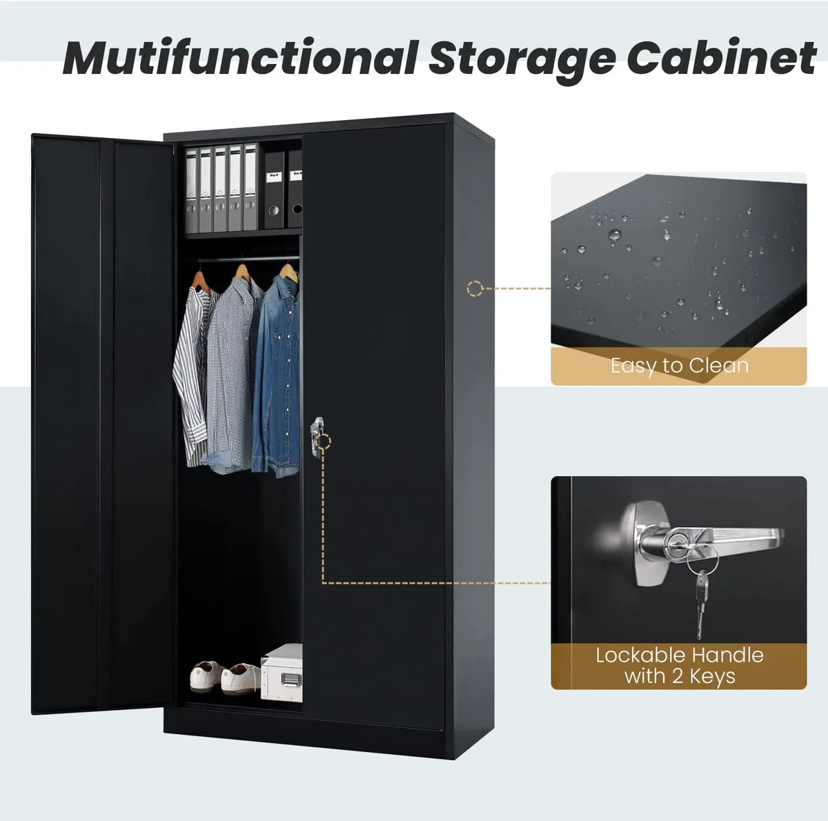 HOOMHIBIU Metal  Cabinets Locker with Locking Door  72'' Clothing Coat Steel Wardrobe Cabinet with Lock and Shelves for Office  Home  Garage  Employee  Freestanding (Black)