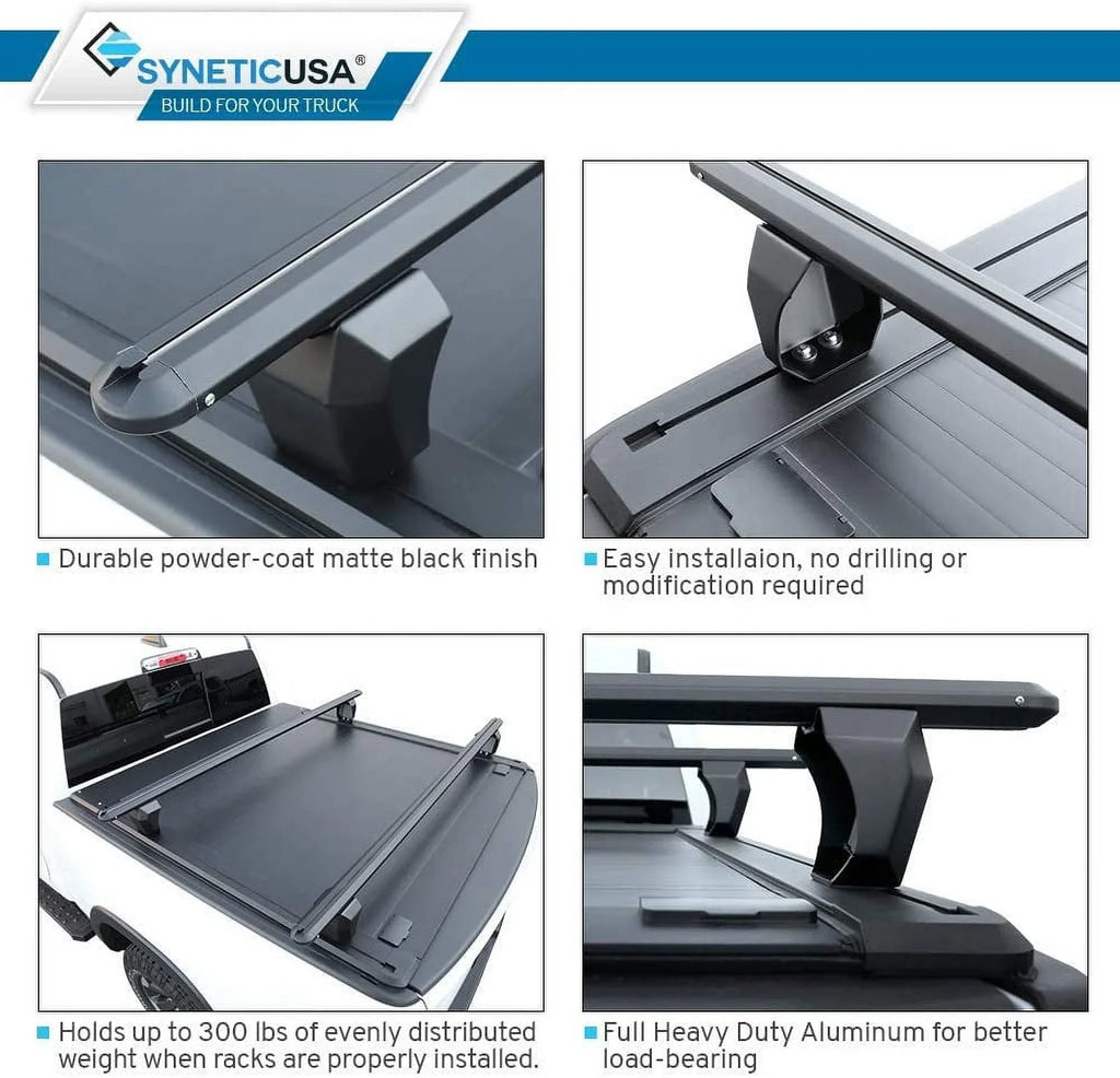 Syneticusa Retractable Hard Tonneau protector with Cross Bars Fits 2019-2022 Ram 1500 5'7" (67.4”) Bed Matte Black Aluminum Low Profile Waterproof Off Road