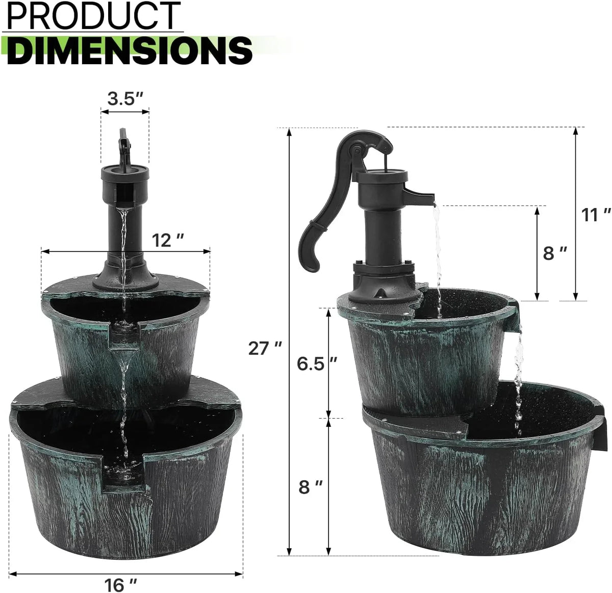 2-Tier Outdoor aqua Fountain Freestanding Rustic Cascading Waterfall Fountain With Electric Pump For Garden Patio Backyard Porch Decor, Teal Blue