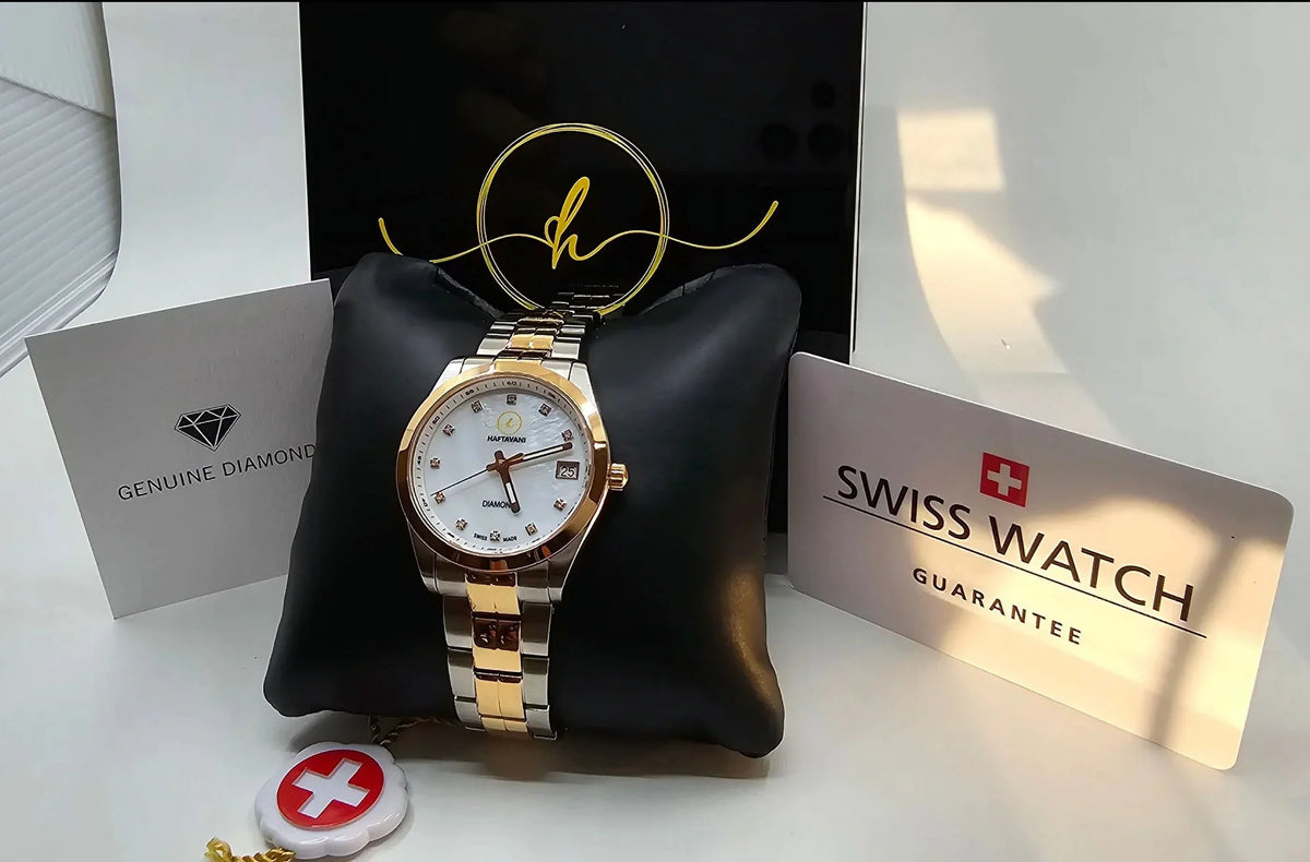 Haftavani – Diamond Queen Bicolour Silver-Rose Gold Stainless Steel Lady Watch -100M Waterproof Quartz - Swiss Made - Marble Face With Genuine Diamonds