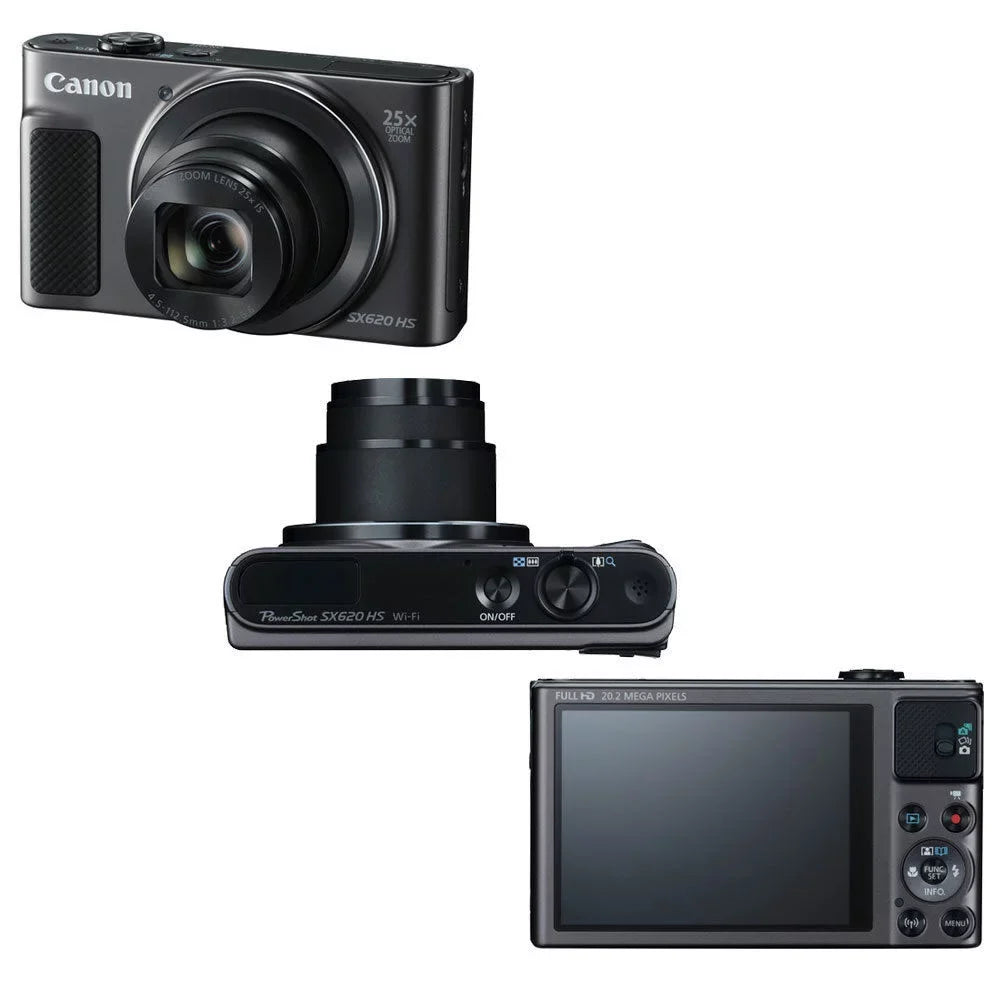 PowerShot SX620 HS 20.2MP 25x Zoom WiFi / NFC Full HD 1080p Digital Camera (Black) with 16GB Memory Card