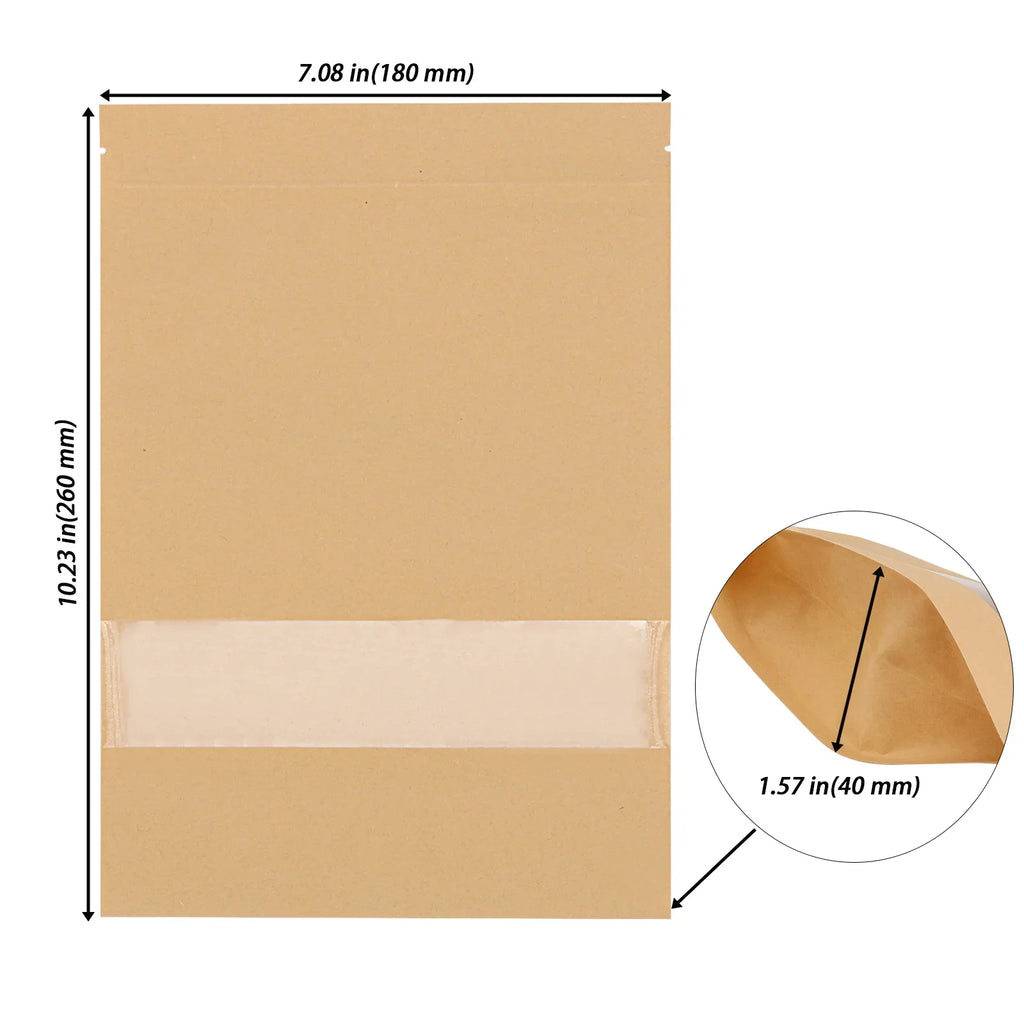 KOHAND 200 Pcs Kraft Bags with Windows, 7 x 10 Inch Resealable Kraft Stand Up Pouches for Food, Bean, Nut