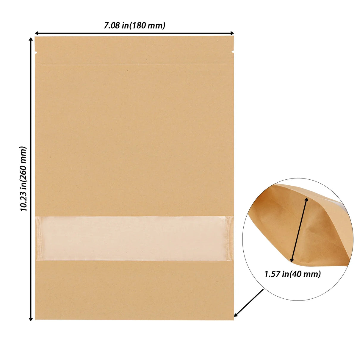 KOHAND 200 Pcs Kraft Bags with Windows, 7 x 10 Inch Resealable Kraft Stand Up Pouches for Food, Bean, Nut