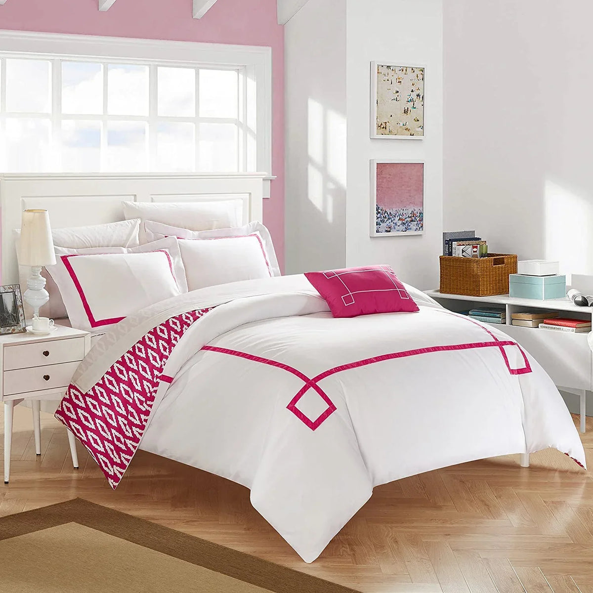 Chic Home 4 Piece Kendall Contemporary Greek Key Embroidered Reversible King Duvet wrap Set Aqua Shams and Decorative Pillows Included