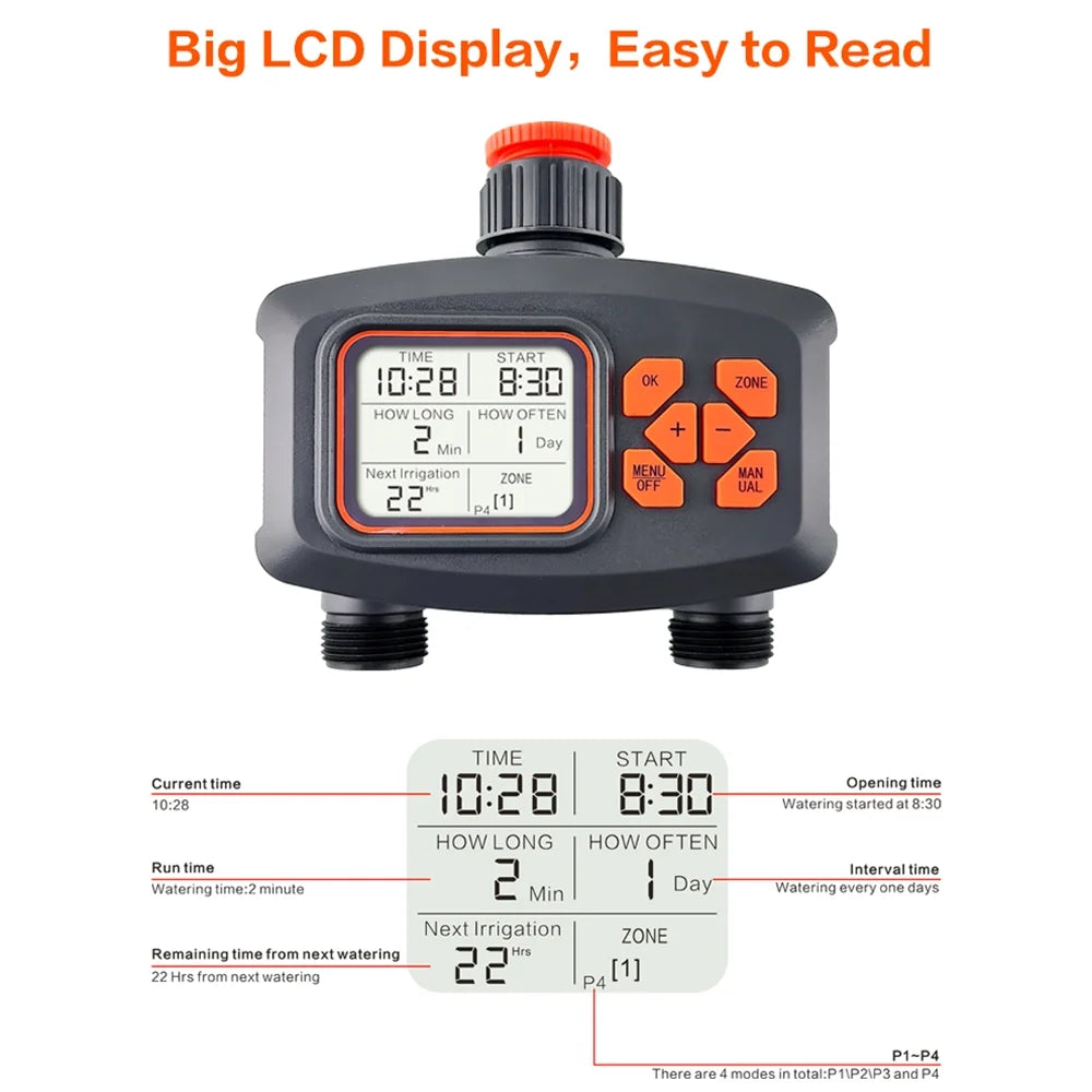 moisture Timer for Garden Hose Smart Sprinkler Timer 2 Outlets Large LCD Screen Programmable Irrigation Timer for Yard Lawn Automatic/Manual Watering Timer
