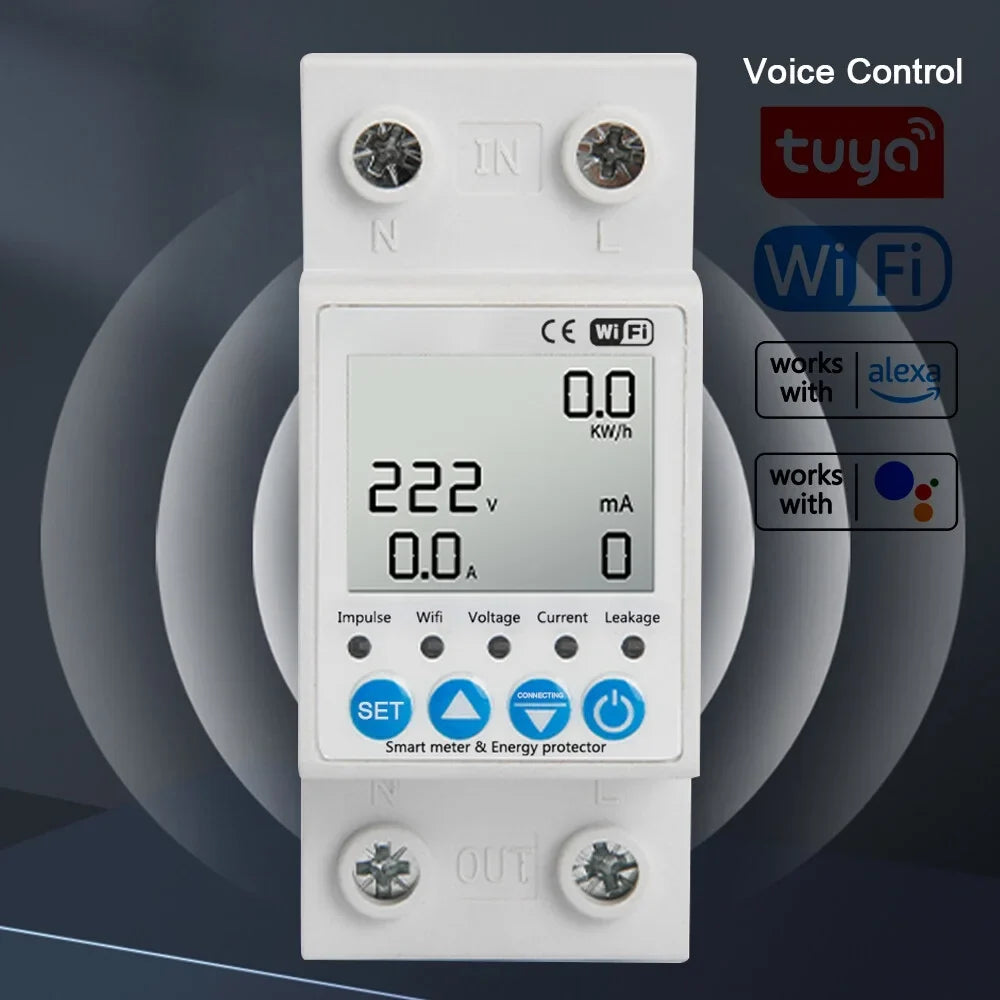 Tuya WiFi Intelligent Leakage Protecting Switch Current Voltage Monitoring Circuit Breaker Timer Function Power Meter suitable with Amazon Alexa and Google home for Voice Control