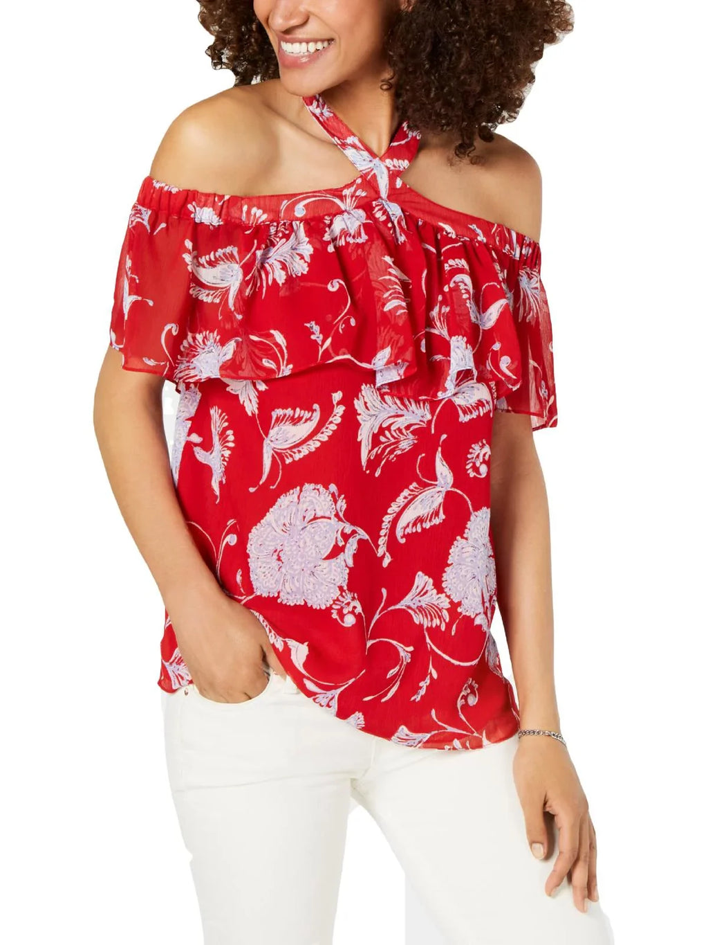 Tommy Hilfiger Womens Off the Shoulder Printed Blouse Red XS