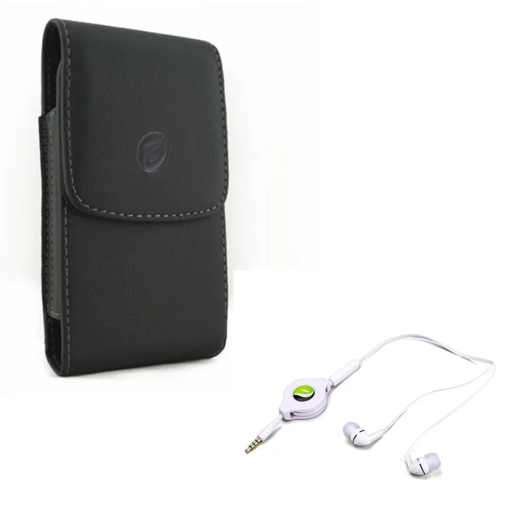 Black Vertical Leather Case w Retractable Headset Hands-free Earphones Mic R8X for Kyocera DuraForce Pro 2 -  G6 G8 ThinQ, G7 ThinQ - Motorola One, Moto X4 X Play G7 Play, Droid Maxx 2