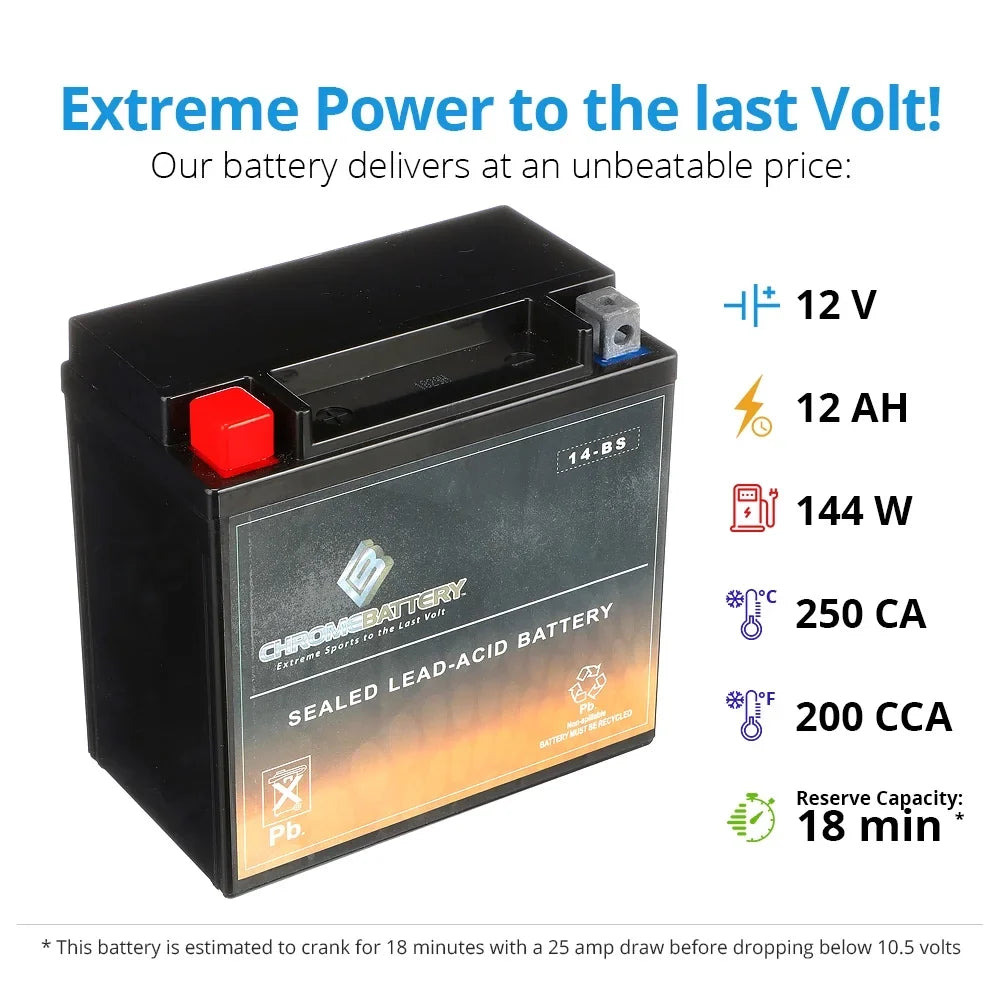 Tourer) 1100cc, Years (2001 - 2007). E. C. Chrome Battery Ytx14-bs (14-bs 12 Volts,12 Ah, 200 Cca) Motorcycle Battery for Honda Vt1100c, C3, T Shadow (spirit, Aero, A