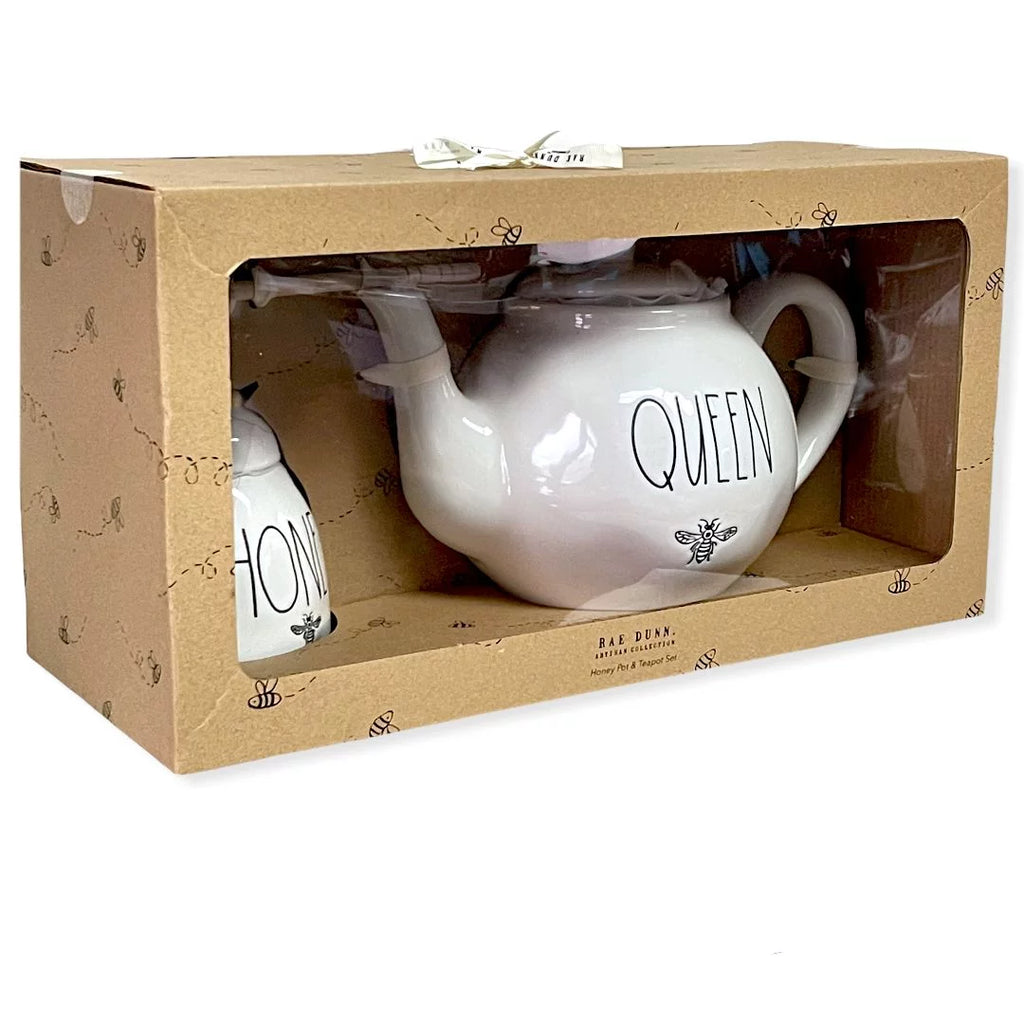 Rae Dunn By Magenta Queen Teapot 59.2 oz and Honey Pot Jar 11.5 oz Gift Set