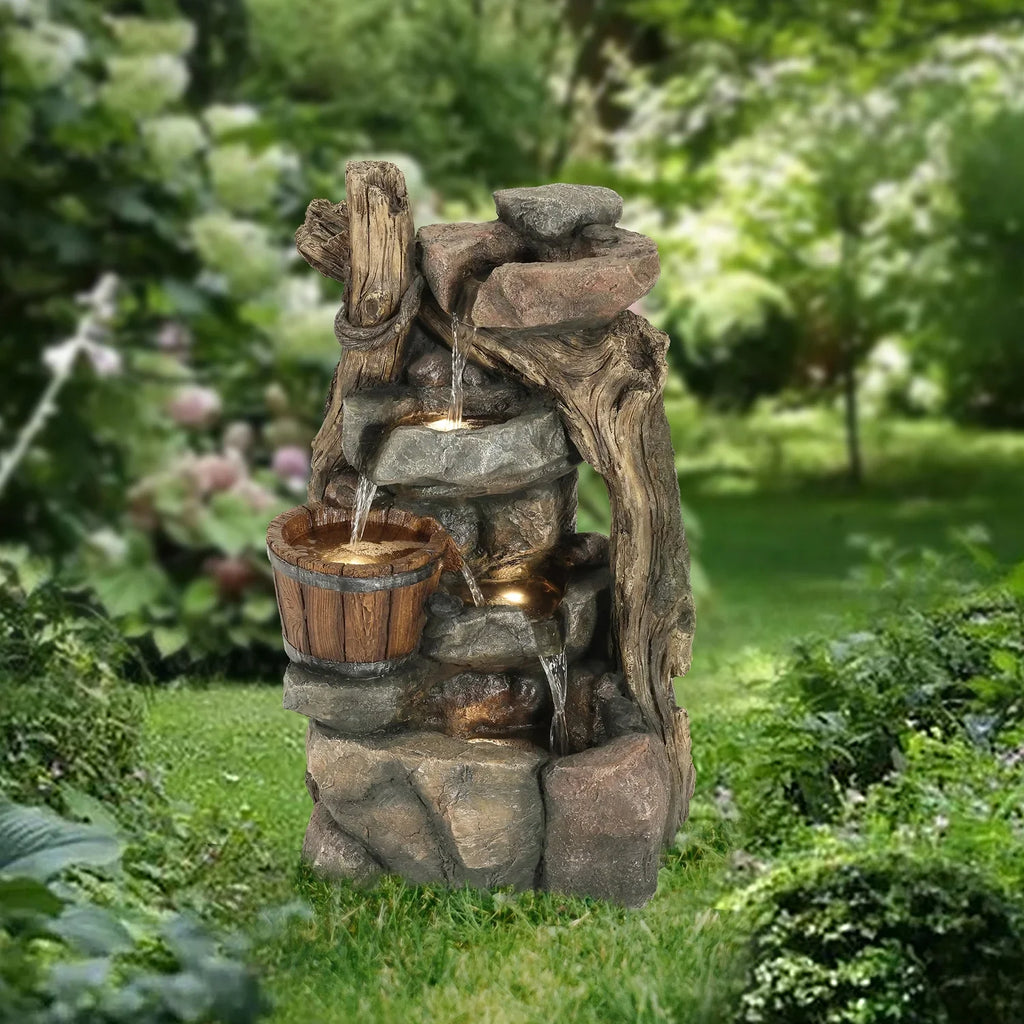 HomeStock Naturally Nice Resin Stacked Rock Wall And Barrel Outdoor Fountain With Led Lights