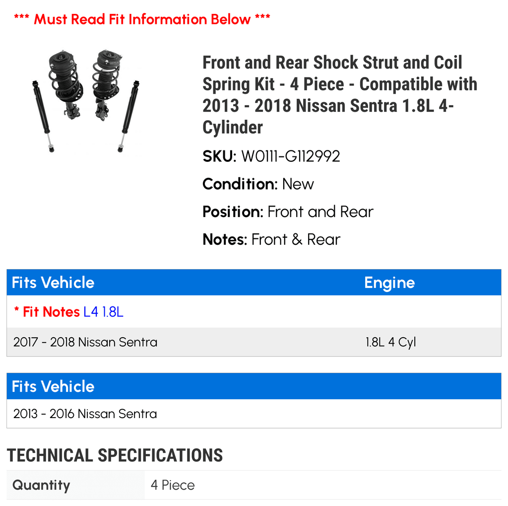 Front and Rear Shock Strut and Coil Spring Kit - 4 Piece - suitable with 2013 - 2018 Nissan Sentra 1.8L 4-Cylinder 2014 2015 2016 2017