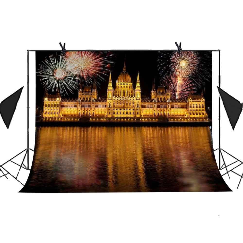 MOHome 7x5ft The View of The City Backdrop Night Lights Illuminate Castle River aqua Fireworks Bloom Background Photo Booth Studio Props Party Background