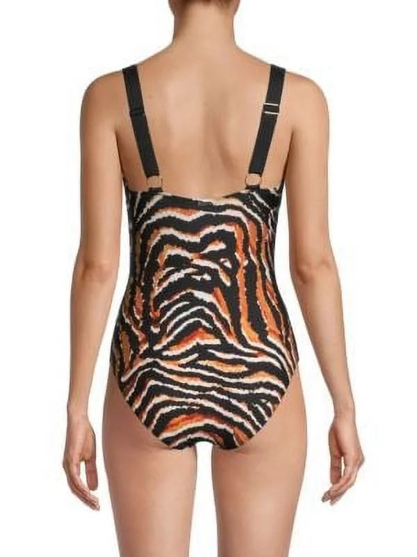 DKNY BLACK MULTI Tiger-Print One-Piece Swimsuit, US 12