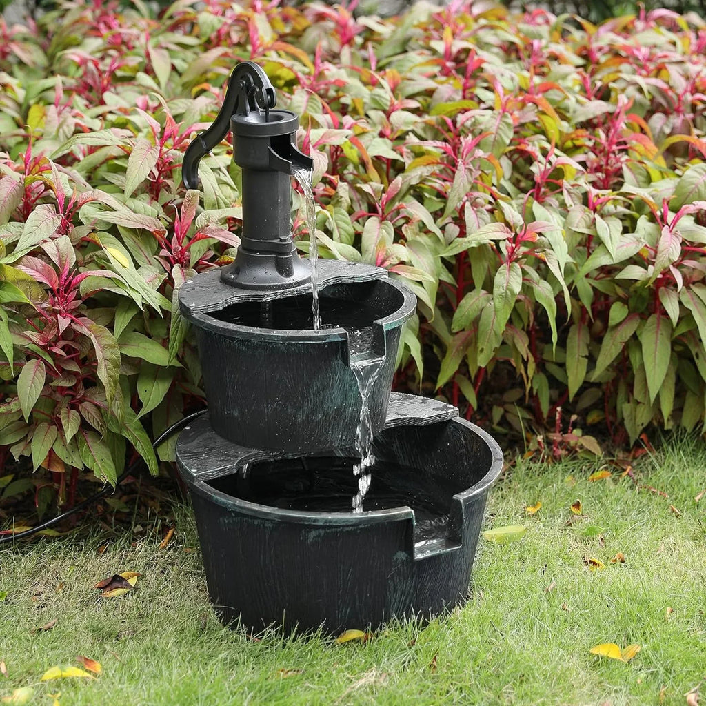 2-Tier Outdoor aqua Fountain Freestanding Rustic Cascading Waterfall Fountain With Electric Pump For Garden Patio Backyard Porch Decor, Teal Blue