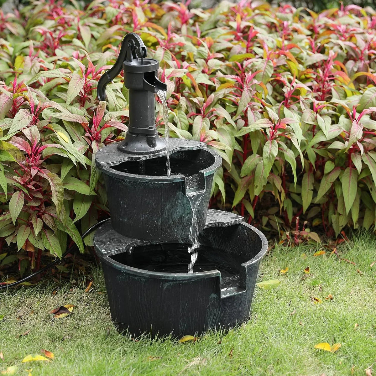 2-Tier Outdoor aqua Fountain Freestanding Rustic Cascading Waterfall Fountain With Electric Pump For Garden Patio Backyard Porch Decor, Teal Blue