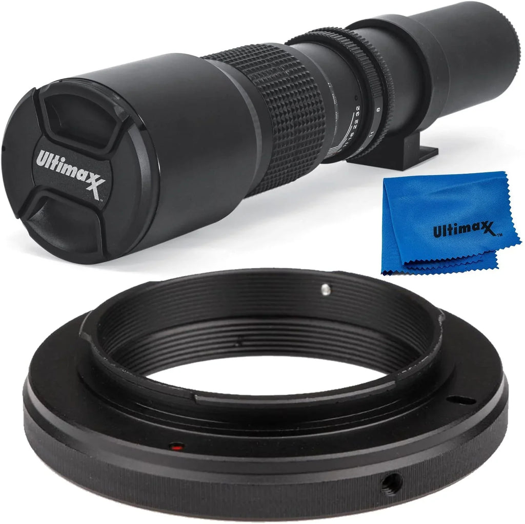Ultimaxx 500mm f/8 Multi-Coated Preset Telephoto Lens Includes T-Mount Adapter for  EF Mount & Microfiber Cleaning Cloth - appropriate with SLR/DSLR Cameras