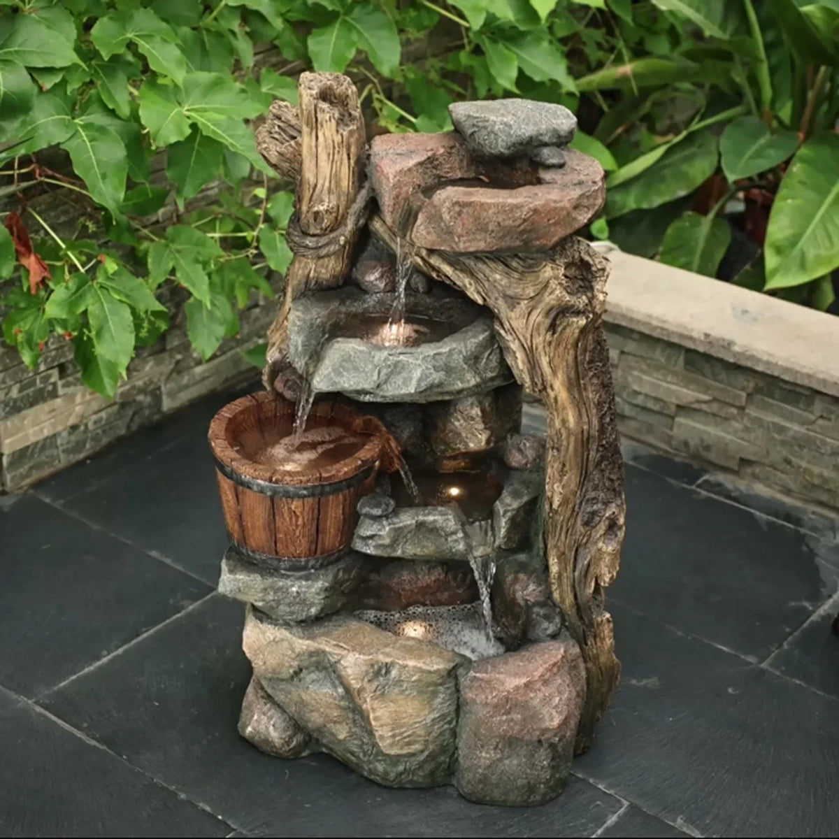 HomeStock Naturally Nice Resin Stacked Rock Wall And Barrel Outdoor Fountain With Led Lights