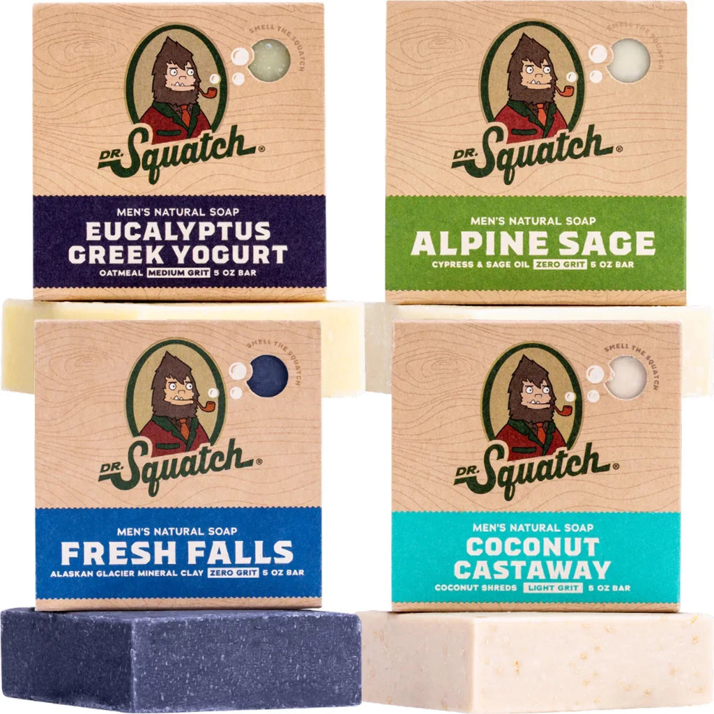 Squatch Men's Soap Variety 4 Pack - Men's Natural Bar Soap - Coconut Castaway, Alpine Sage, Fresh Falls, Eucalyptus Greek Yogurt. Dr
