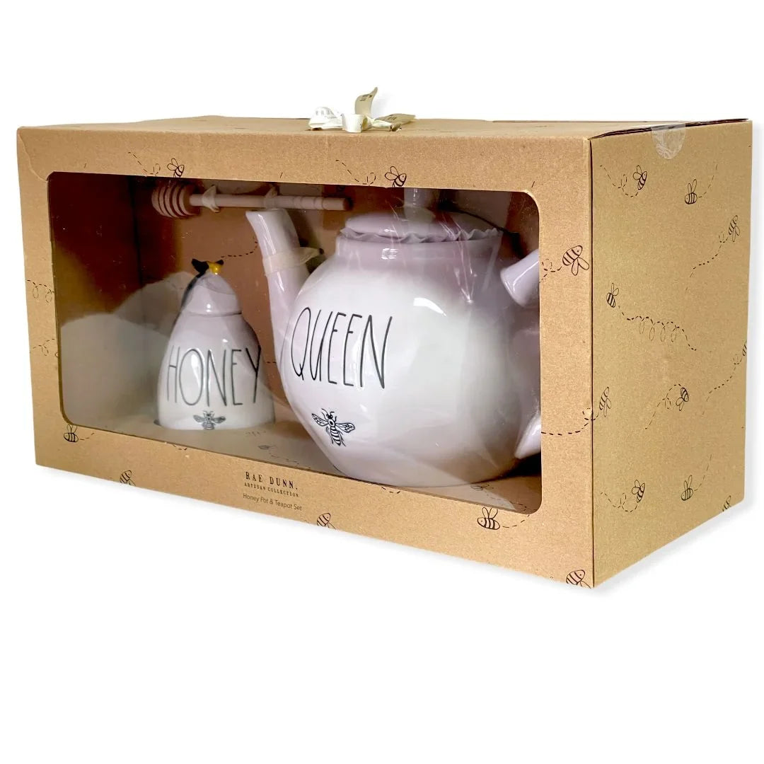 Rae Dunn By Magenta Queen Teapot 59.2 oz and Honey Pot Jar 11.5 oz Gift Set