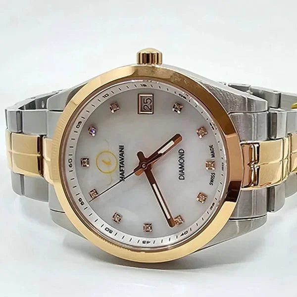 Haftavani – Diamond Queen Bicolour Silver-Rose Gold Stainless Steel Lady Watch -100M Waterproof Quartz - Swiss Made - Marble Face With Genuine Diamonds