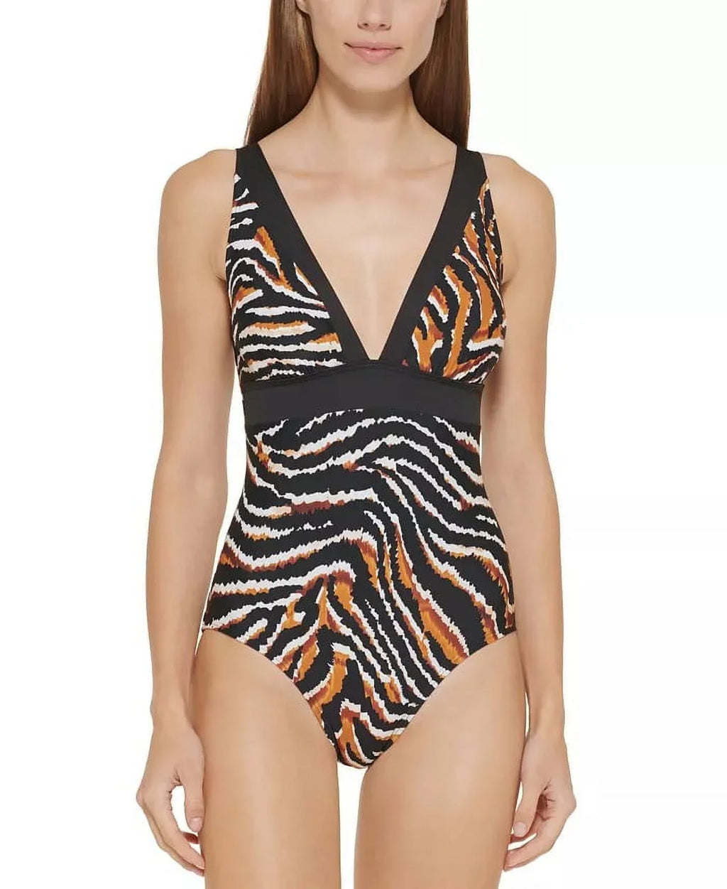 DKNY BLACK MULTI Tiger-Print One-Piece Swimsuit, US 12