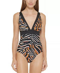 DKNY BLACK MULTI Tiger-Print One-Piece Swimsuit, US 12