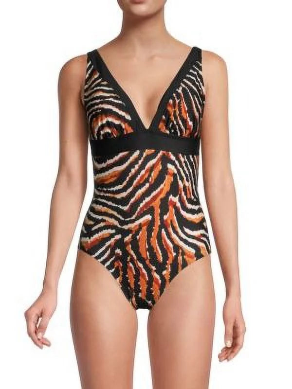 DKNY BLACK MULTI Tiger-Print One-Piece Swimsuit, US 12