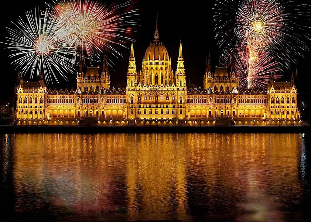 MOHome 7x5ft The View of The City Backdrop Night Lights Illuminate Castle River aqua Fireworks Bloom Background Photo Booth Studio Props Party Background