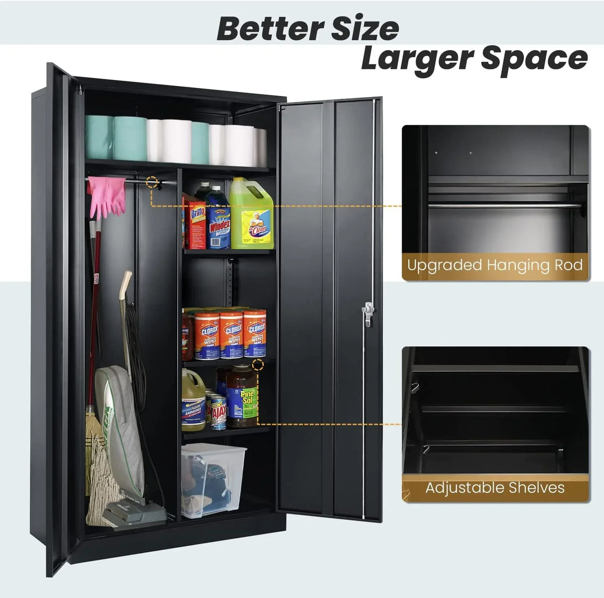 HOOMHIBIU Metal  Cabinets Locker with Locking Door  72'' Clothing Coat Steel Wardrobe Cabinet with Lock and Shelves for Office  Home  Garage  Employee  Freestanding (Black)