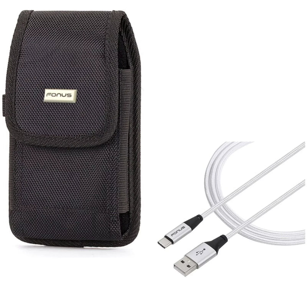 Rugged Durable Canvas Case Holster Metal Belt Clip w Braided Type-C USB Cable 10ft Long Sync Wire R1J for Blackberry Motion - BLU G9, Vivo XI Plus - Coolpad Legacy - Google Pixel XL 3a XL 3 XL