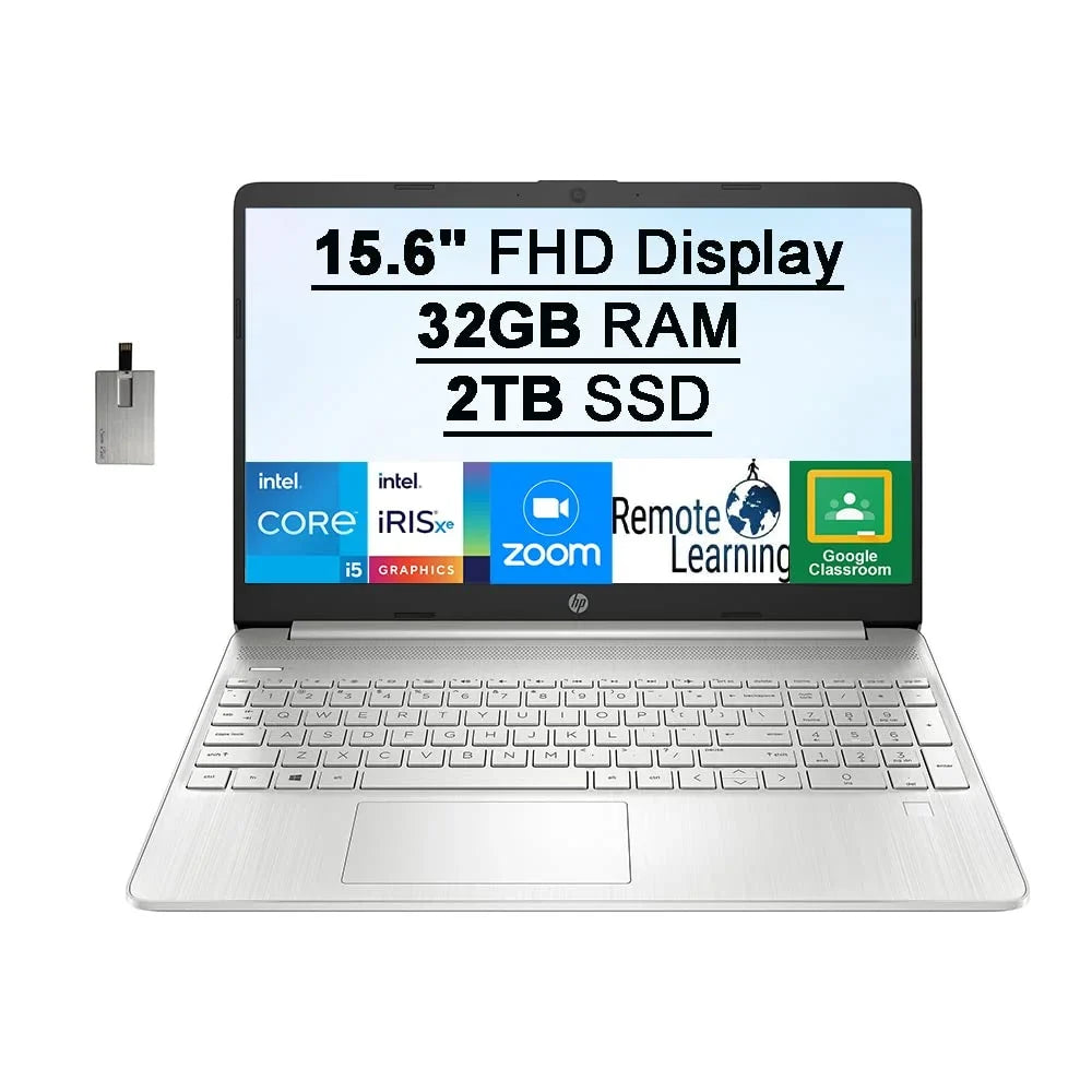 2021  15.6" FHD IPS Laptop Computer,  Core i5-1135G7(Beats i7-1065G7), 32GB RAM, 2TB PCIe SSD,  Iris Xe Graphics, HD Webcam, HD Audio, Fingerprint, HDMI, Windows 10S, Silver, 32GB USB Card