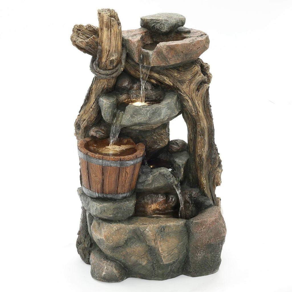 HomeStock Naturally Nice Resin Stacked Rock Wall And Barrel Outdoor Fountain With Led Lights