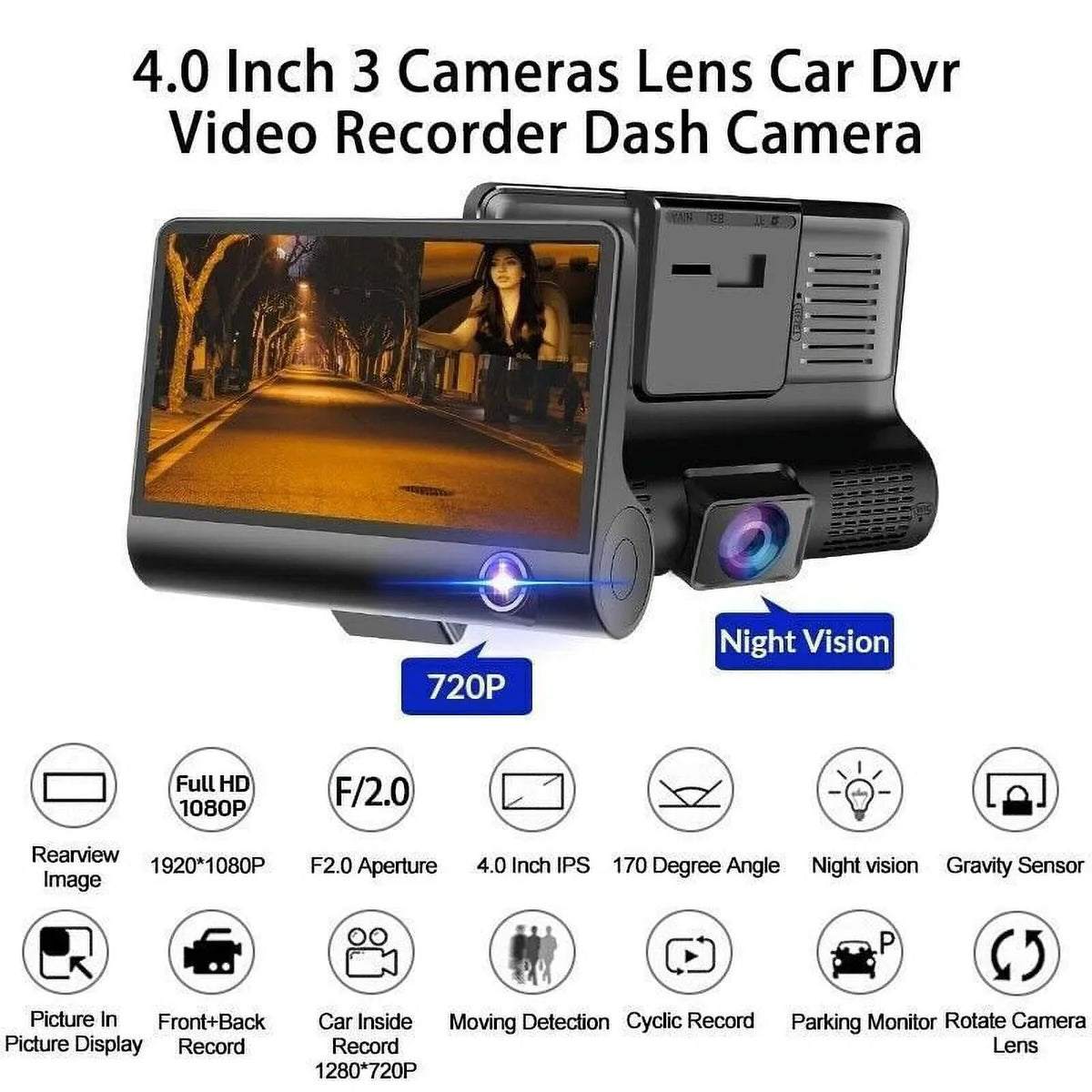 Xhy Car Dual Lens Dash Cam 1080P 4" HD DVR Front/Rear/Built-In Video Camera Driving Recorder G-Sensor, Motion Detection and Parking Monitoring