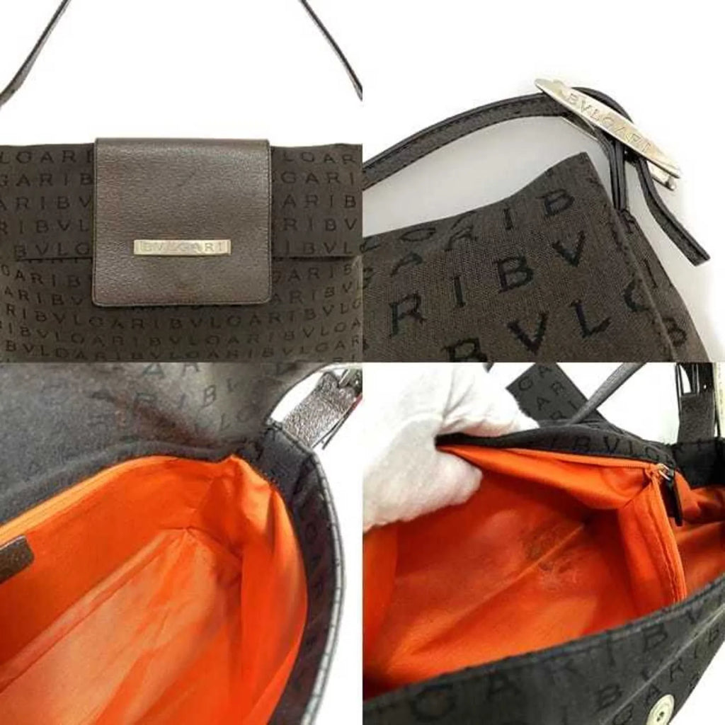 Pre-Owned Bvlgari Bag Brown Mania Canvas Leather BVLGARI One Shoulder Handbag Flap Plate (Good)